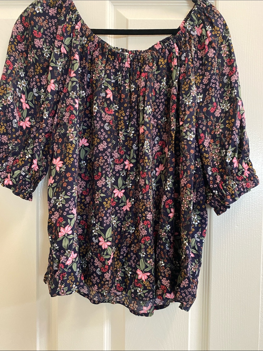 LOFT Navy Floral Off-Shoulder Peasant Blouse